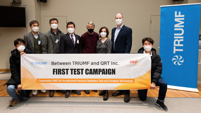 Figure 1: Members of the TRIUMF PIF & NIF team and the visiting QRT test team pose for a photo after the successful completion of the first joint test campaign in 2021.